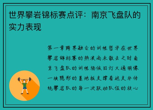 世界攀岩锦标赛点评：南京飞盘队的实力表现